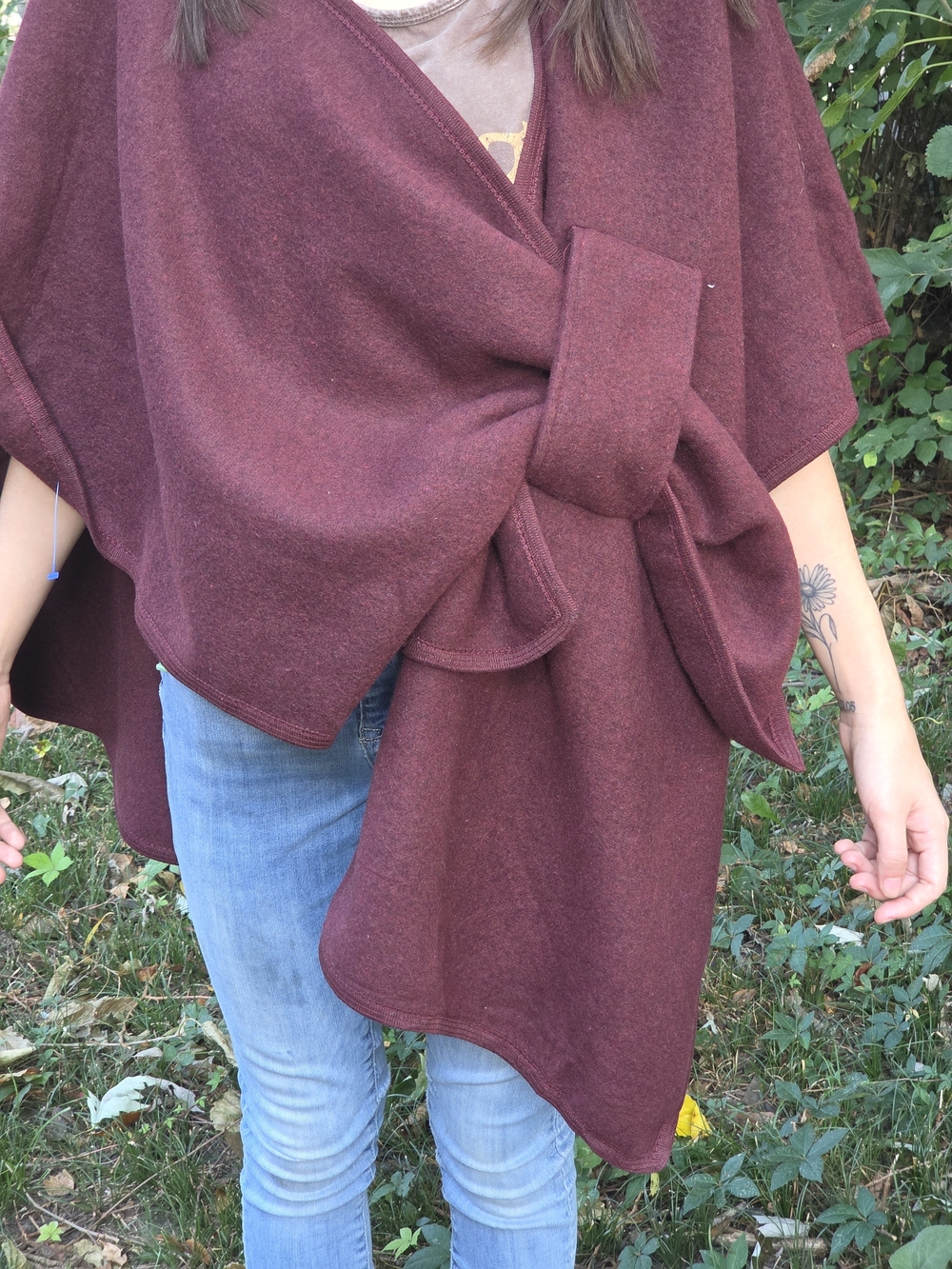 Knot-Front Wrap Poncho Sweater - Burgundy